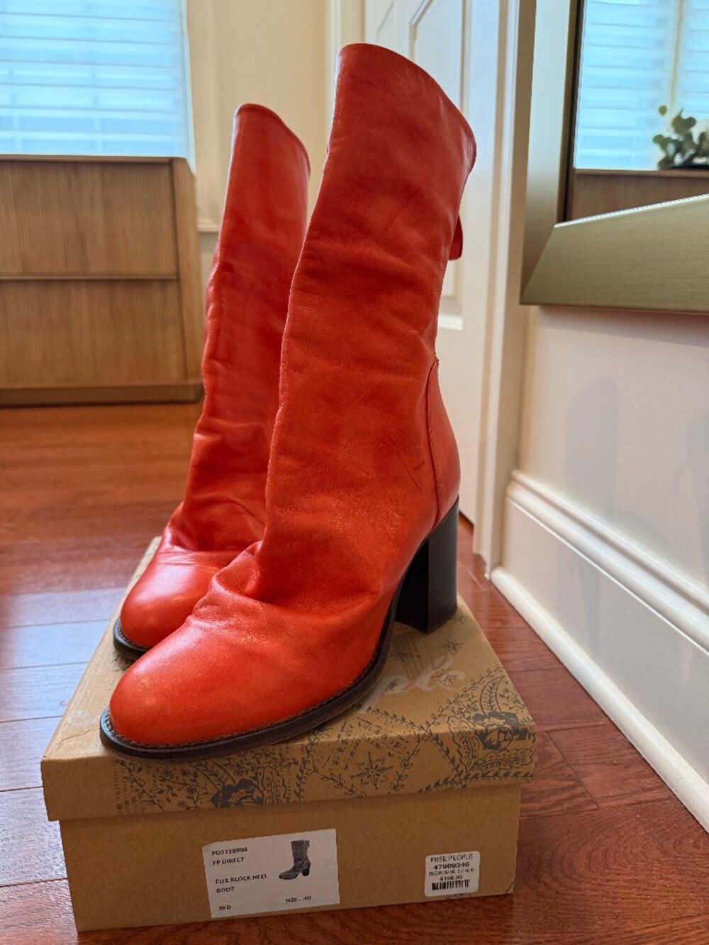 Title: Free People Elle Block Heel Boots Red Leather Size 40